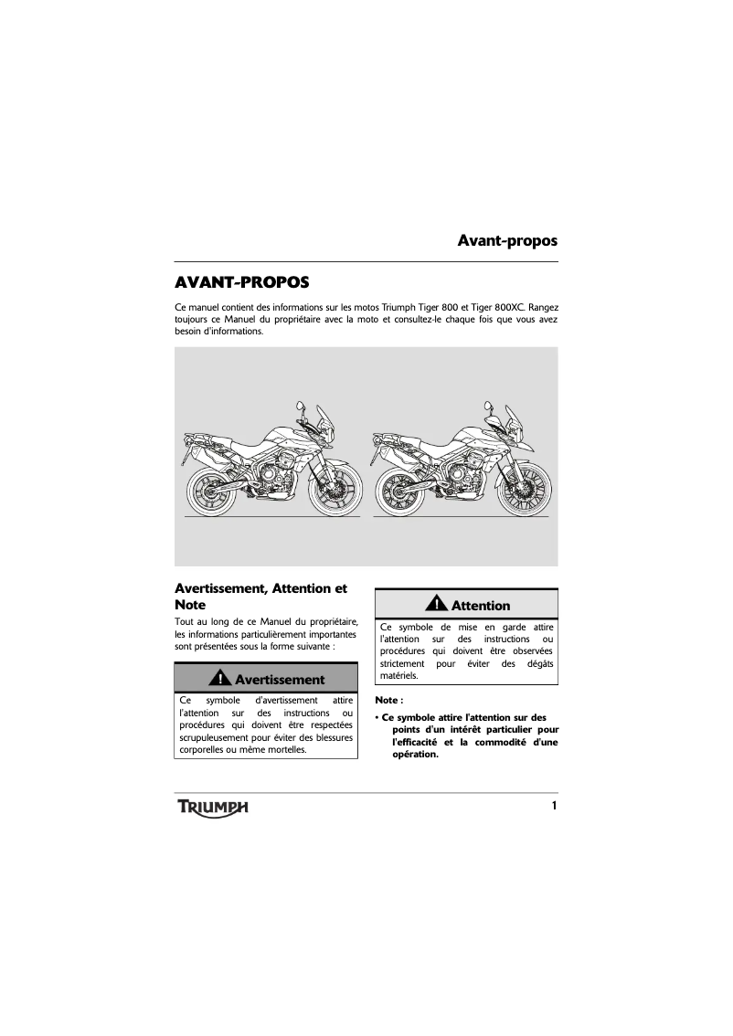 Page n°1 - Manuel utilisateur Triumph Tiger 800 (2015)