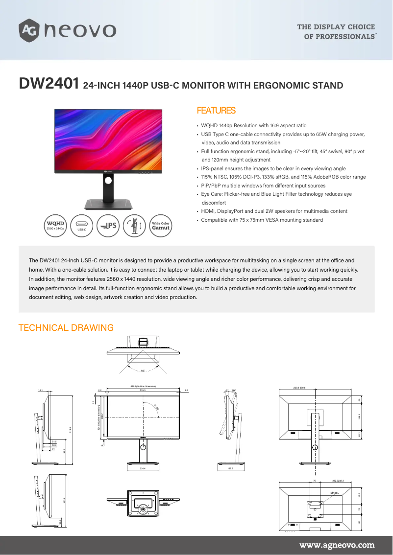 Page 1 de la notice Fiche technique AG Neovo DW2401