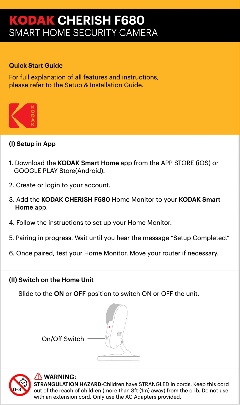 Page 1 de la notice Guide de démarrage rapide Kodak Cherish F680