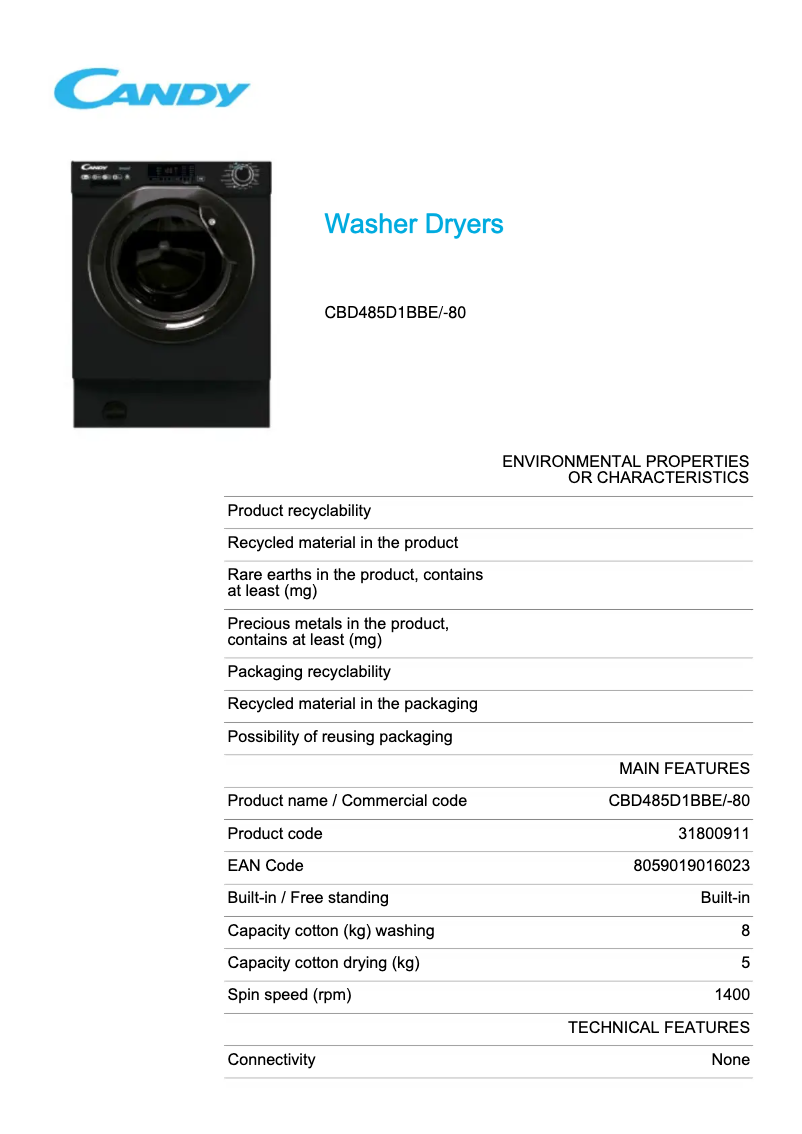 Page 1 de la notice Fiche technique Candy CBD485D1BBE/-80