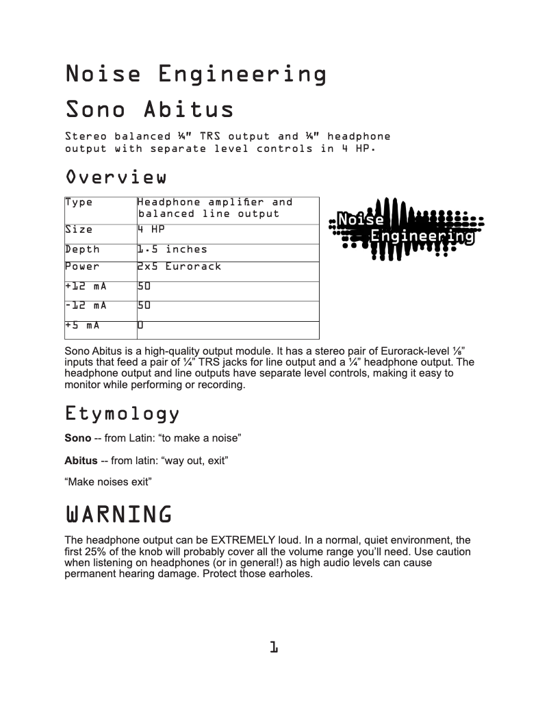 Page 1 de la notice Manuel utilisateur Noise Engineering Sono Abitus