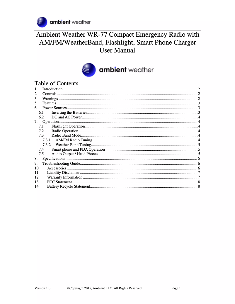 Page 1 de la notice Manuel utilisateur Ambient Weather WR-77
