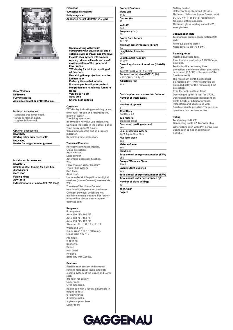 Page 1 de la notice Fiche technique Gaggenau DF480763F