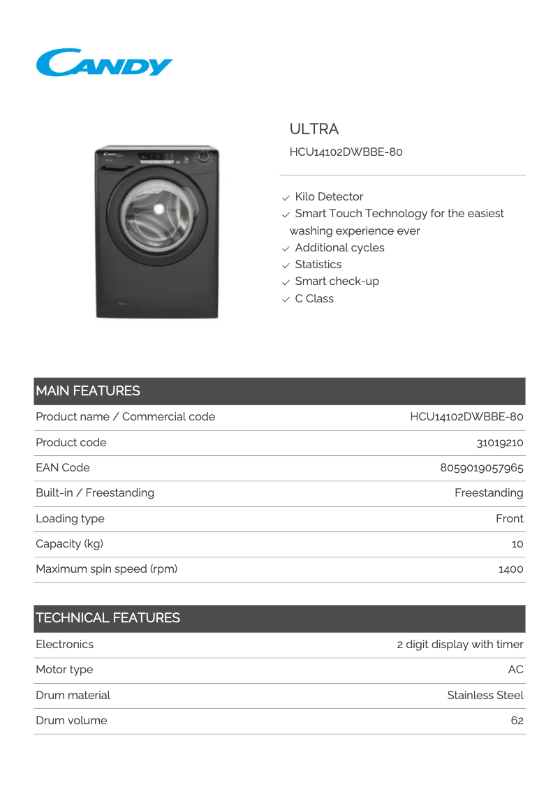 Page 1 de la notice Fiche technique Candy HCU14102DWBBE-80