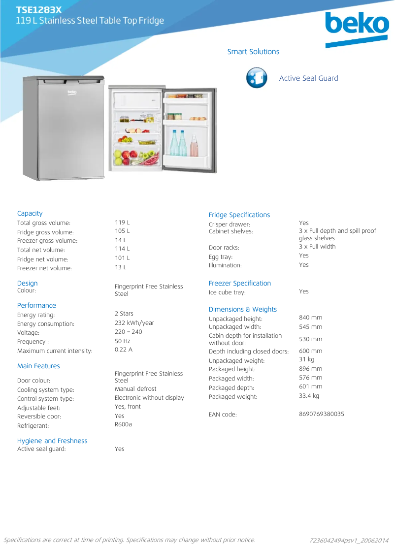 Page 1 de la notice Fiche technique Beko TSE 1283 X