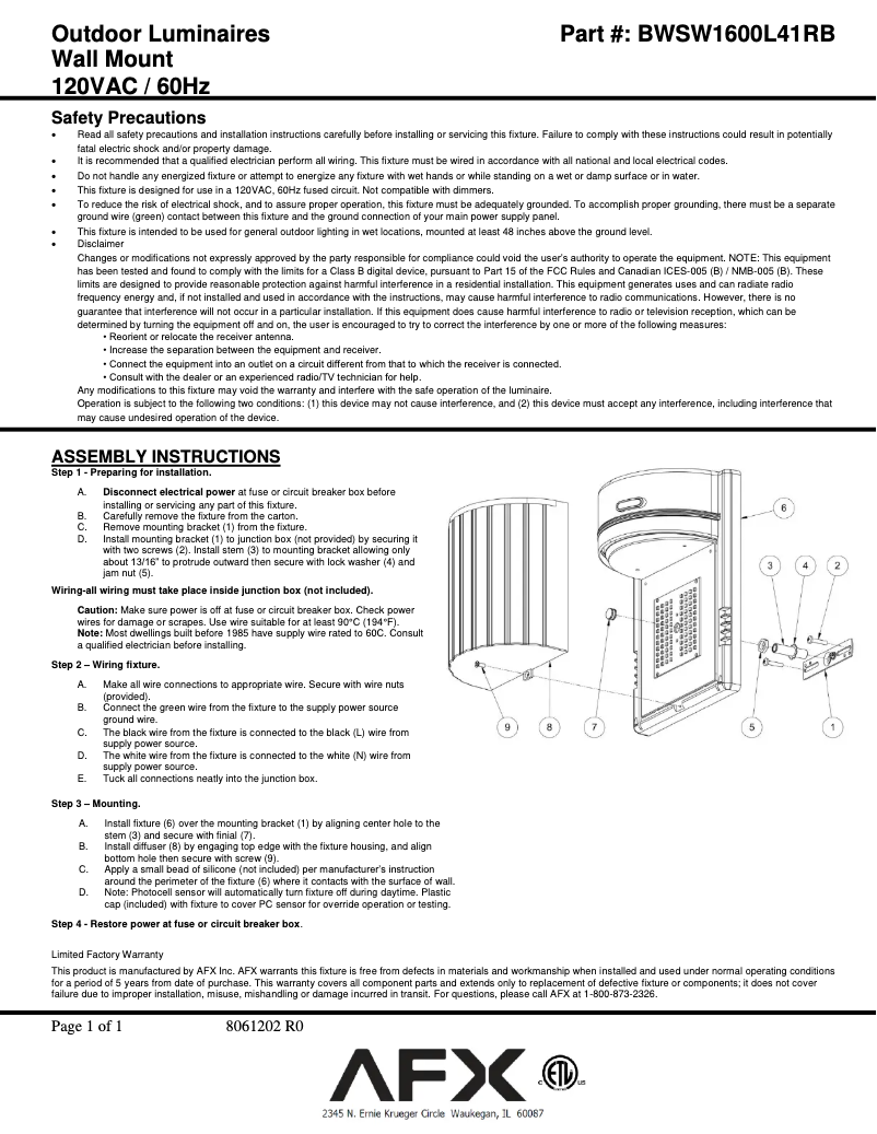 Page n°1 - Manuel utilisateur AFX LED Security BWSW1600L41RB
