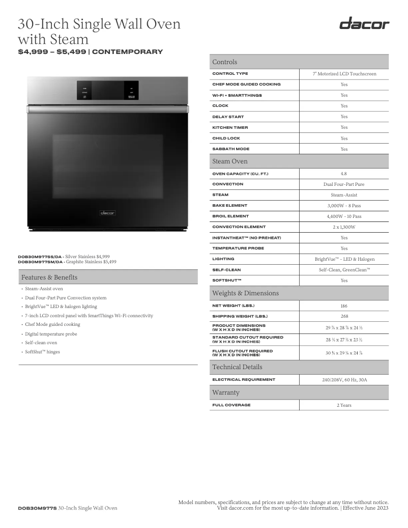 Page 1 de la notice Fiche technique Dacor DOB30M977SM