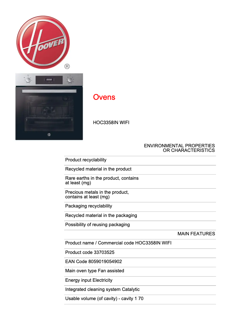 Page n°1 - Fiche technique Hoover H-OVEN 300 HOC3358IN WIFI