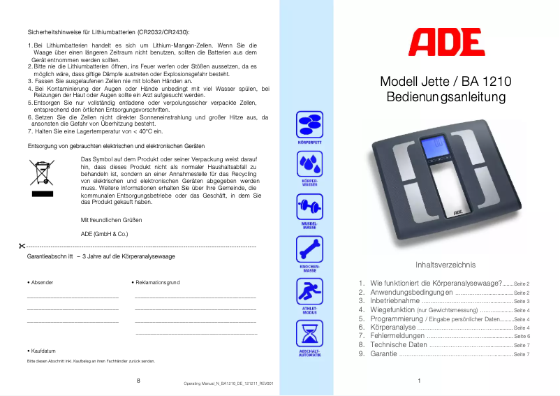 Image de la première page du manuel de l'appareil Jette BA 1210