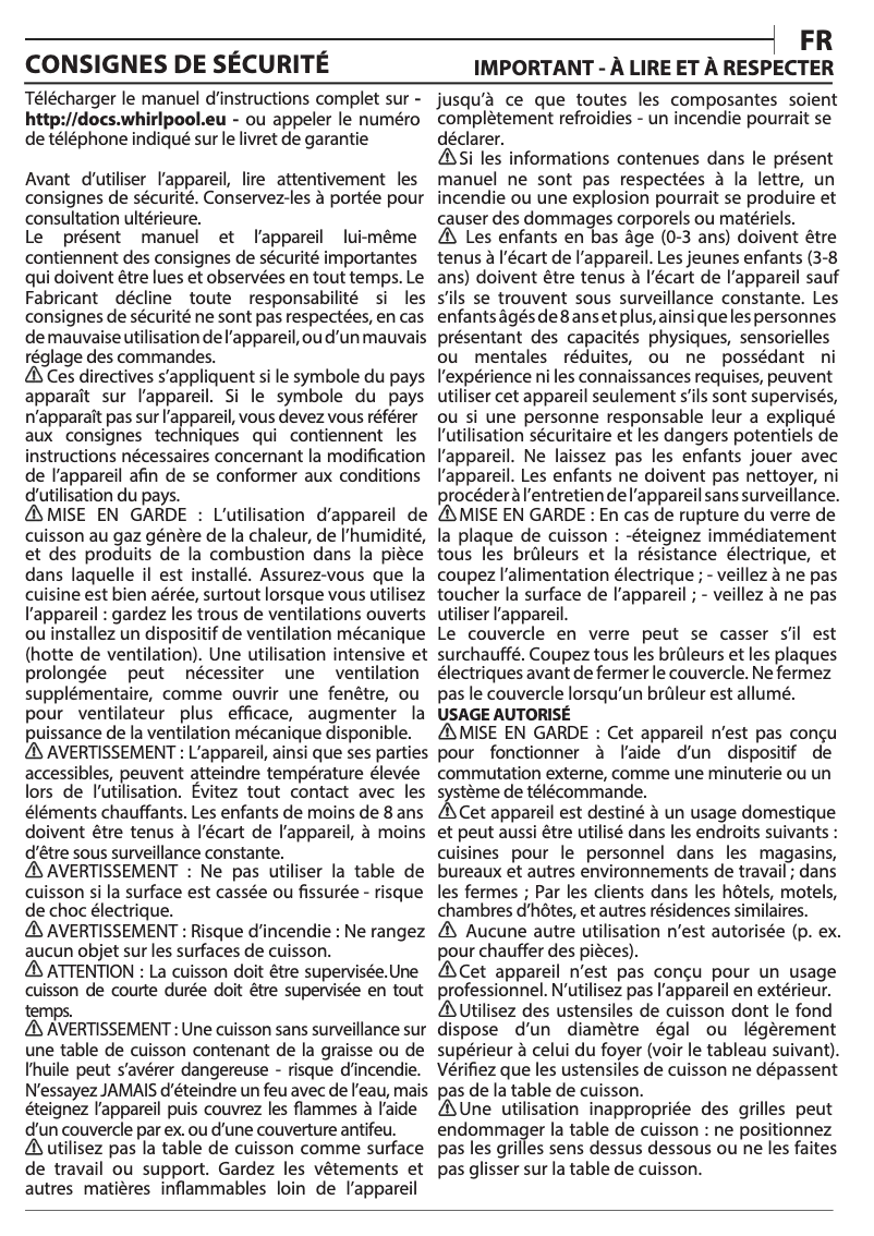 Page 1 de la notice Manuel utilisateur Whirlpool GMA 6410/IX