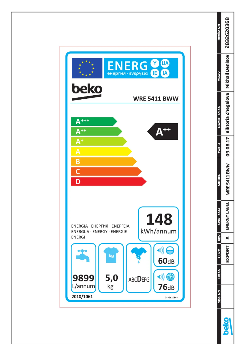 Page 1 de la notice Label énergétique Beko WRE5411BWW