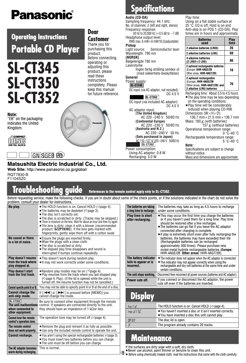 Page 1 de la notice Manuel utilisateur Panasonic SL-CT345