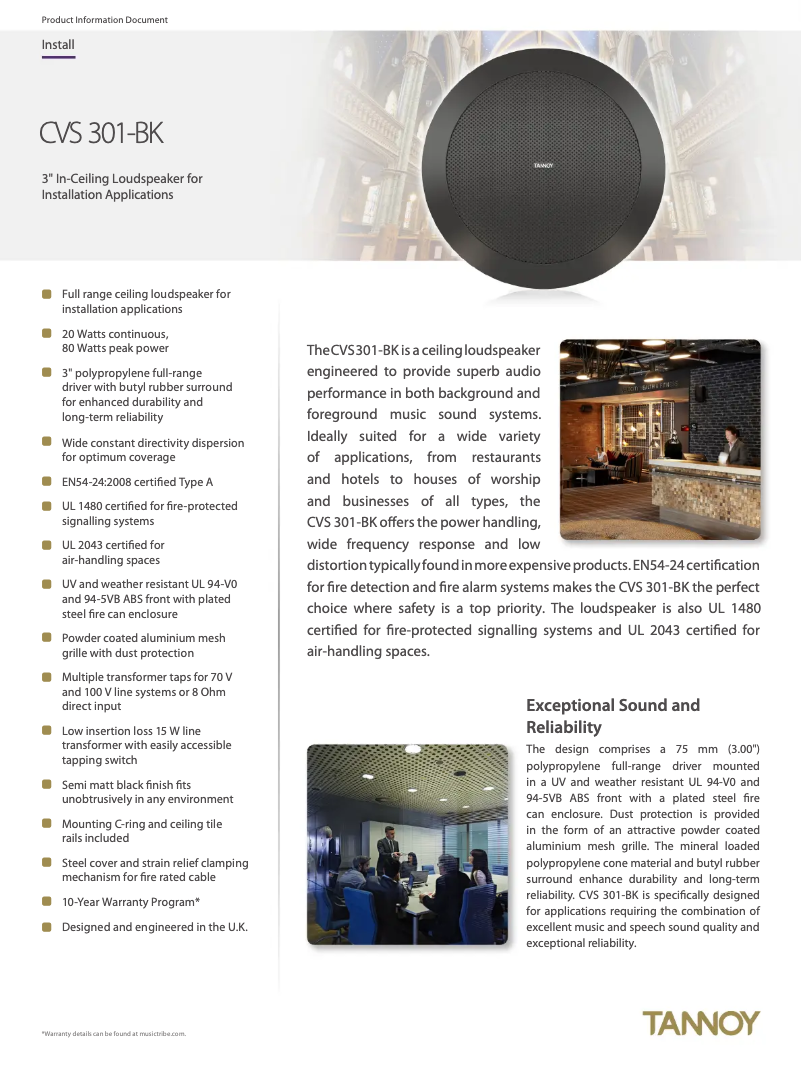 Page 1 de la notice Fiche technique Tannoy CVS 301