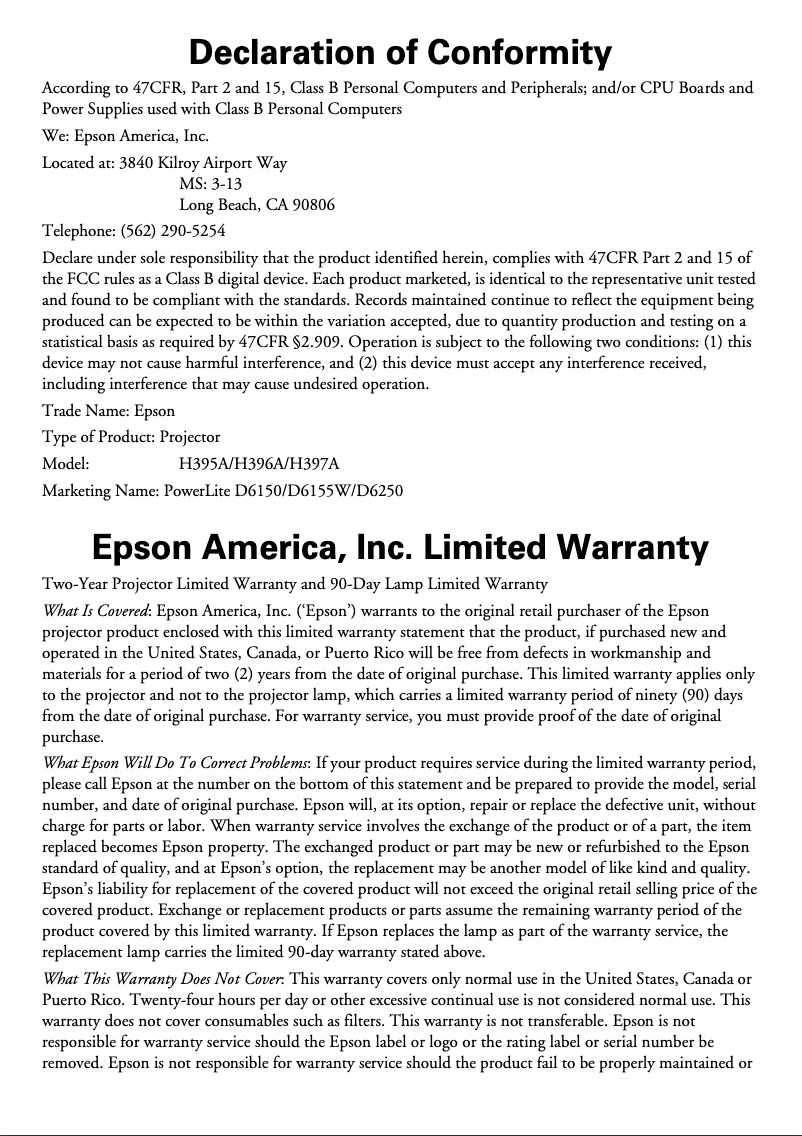 Page 1 de la notice Informations de garantie Epson PowerLite D6150