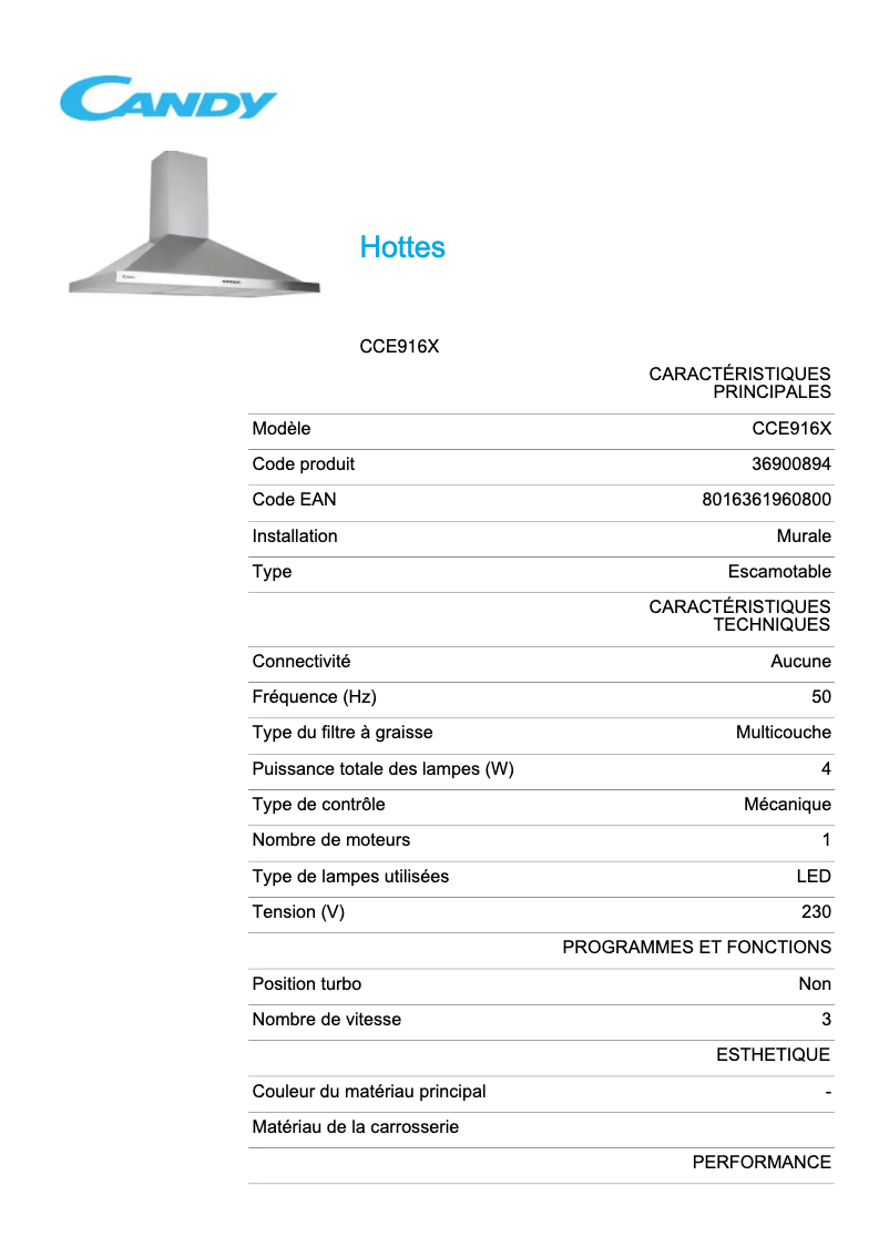 Page 1 de la notice Fiche technique Candy CCE916X