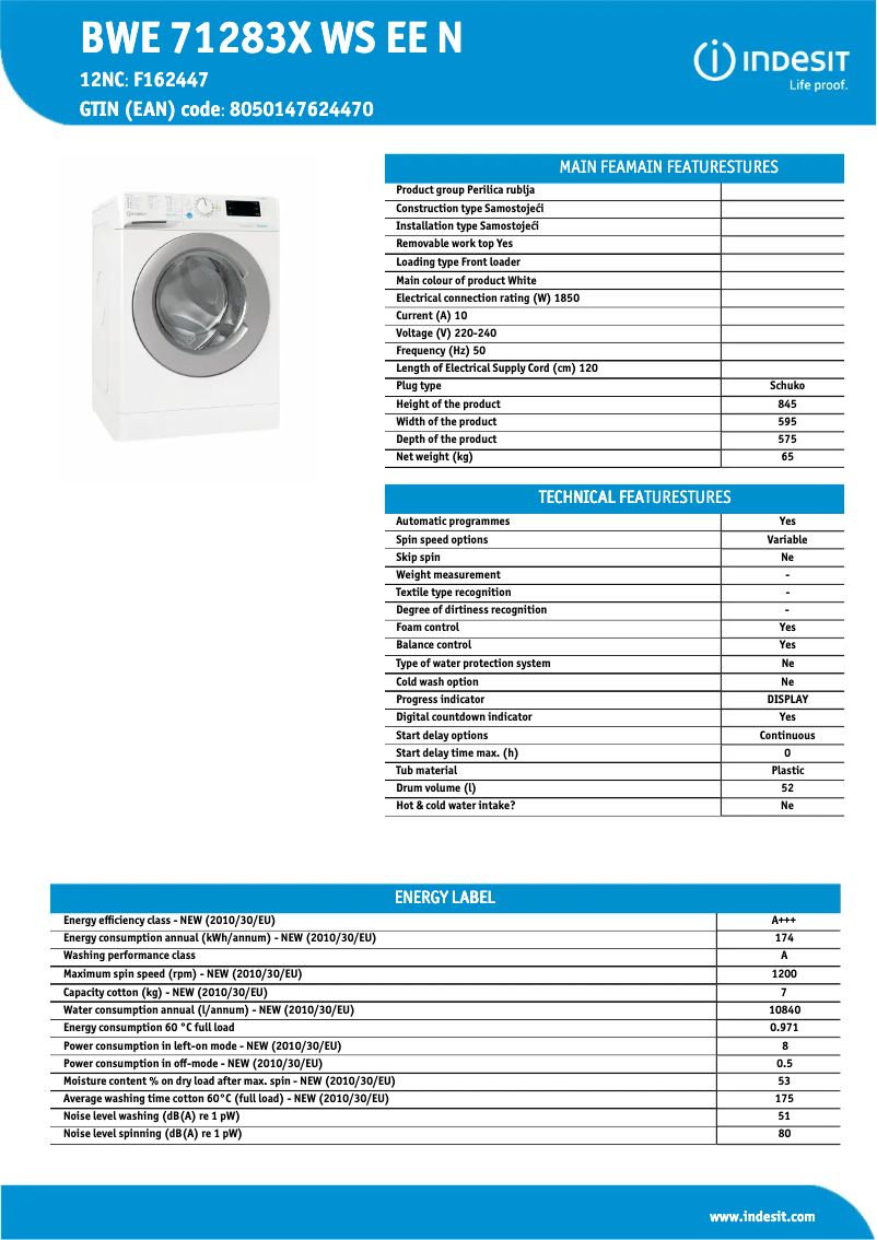 Page n°1 - Fiche technique Indesit BWE 71283X WS EE N