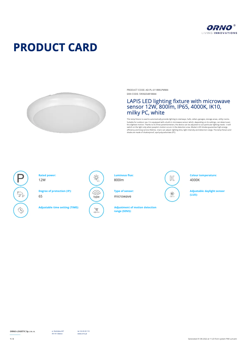Page n°1 - Fiche technique Adviti AD-PL-6118WLPMM4