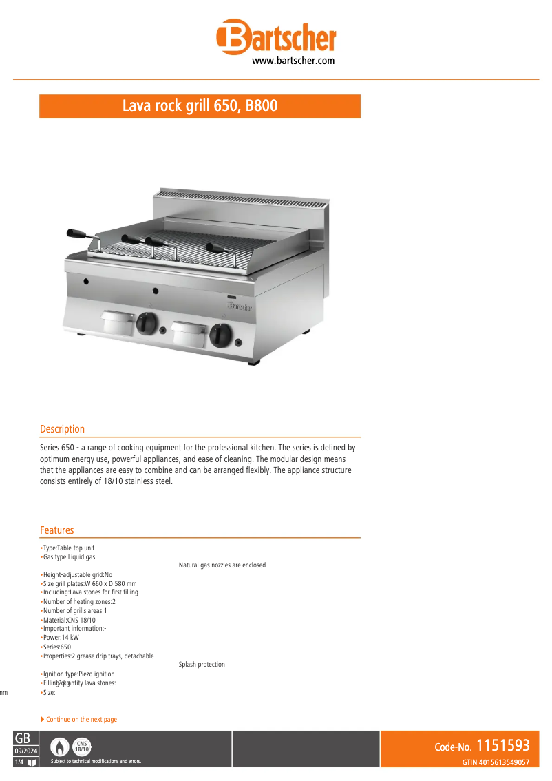 Page 1 de la notice Fiche technique Bartscher 1151593