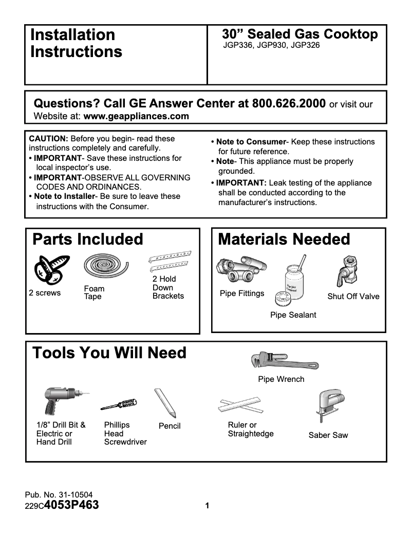 Page 1 de la notice Guide d'installation GE JGP336AEDAA