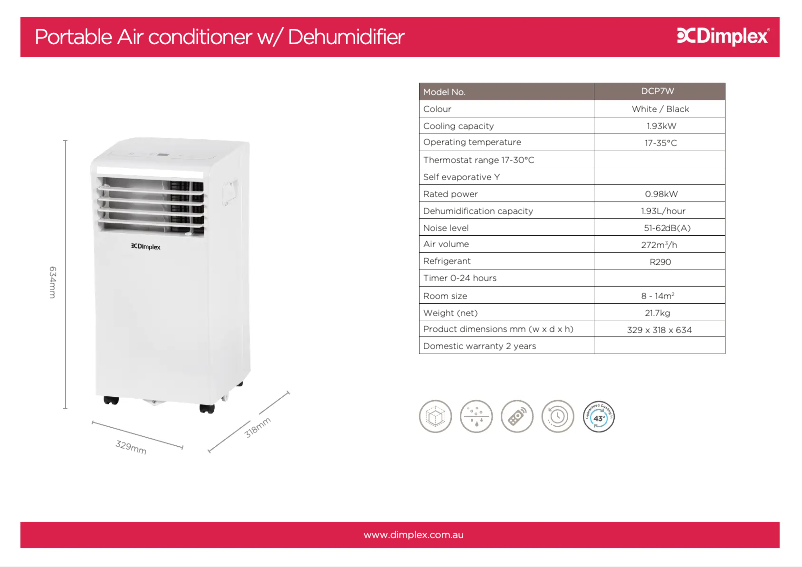 Page 1 de la notice Fiche technique Dimplex DCP7W