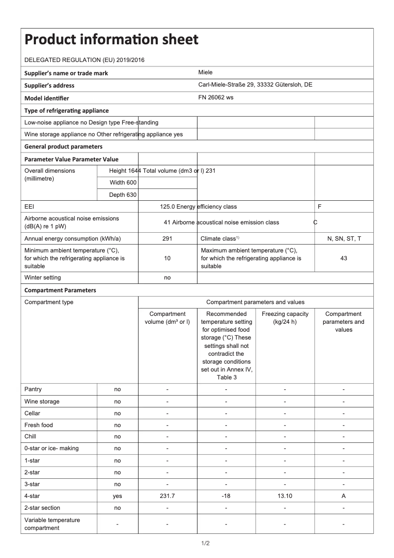 Page 1 de la notice Fiche technique Miele FN 26062 ws