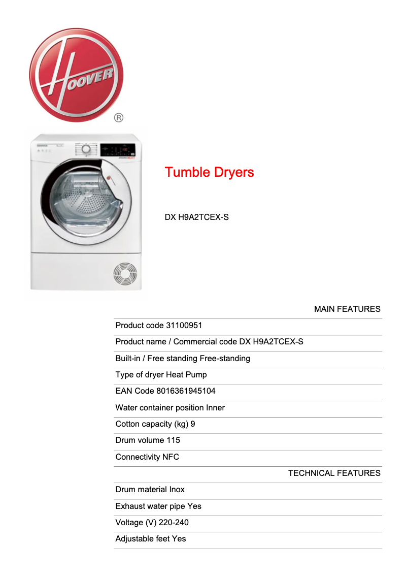 Page 1 de la notice Fiche technique Hoover DX H9A2TCEX-S