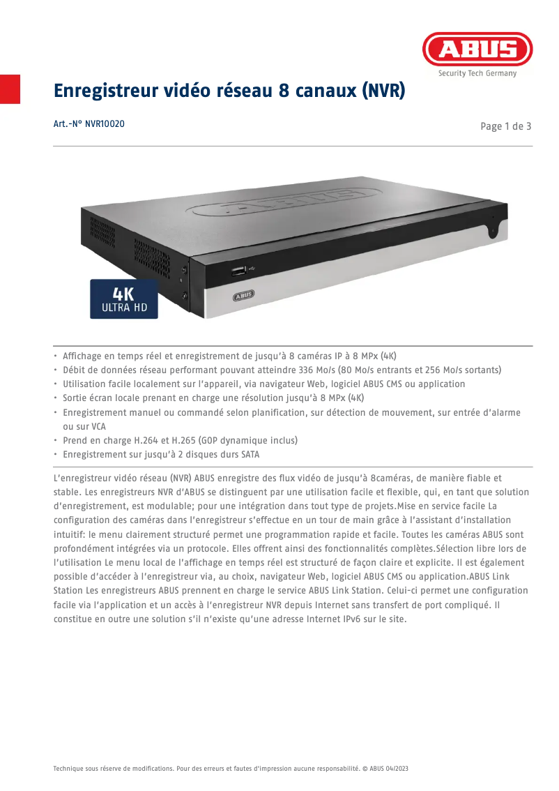 Página 1 del manual Ficha técnica Abus NVR10020