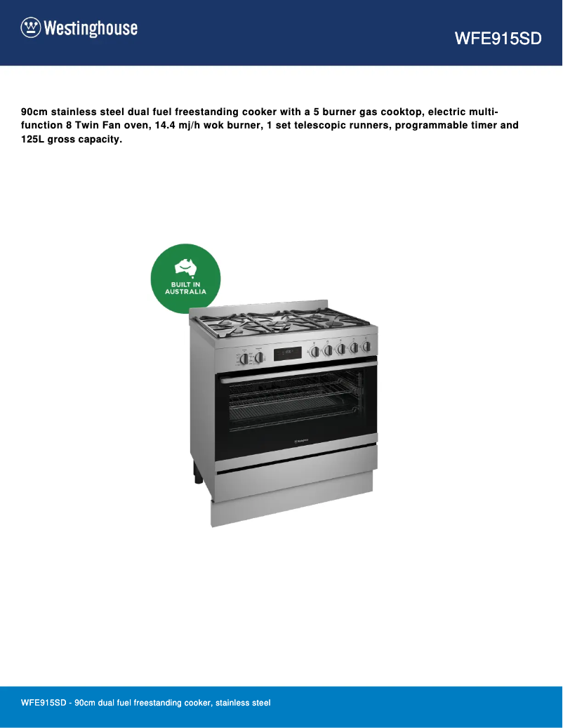 Page n°1 - Fiche technique Westinghouse WFE915SD