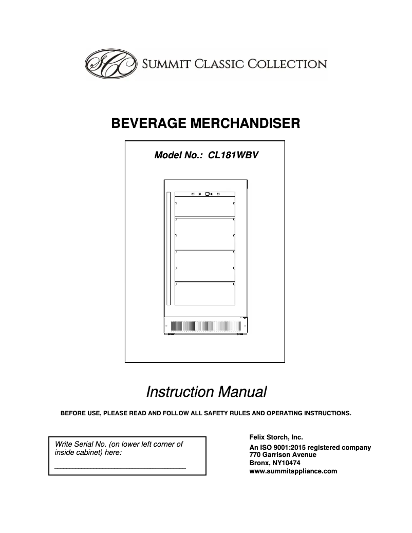 Page 1 de la notice Manuel d'utilisation et d'entretien Summit CL181WBVCSS