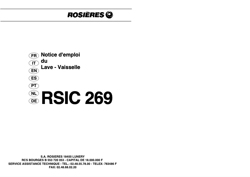 Page n°1 - Manuel utilisateur Rosieres RSIC 269 PN