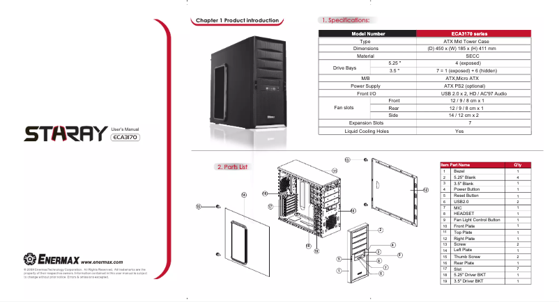 Page n°1 - Manuel utilisateur Enermax Staray ECA3175