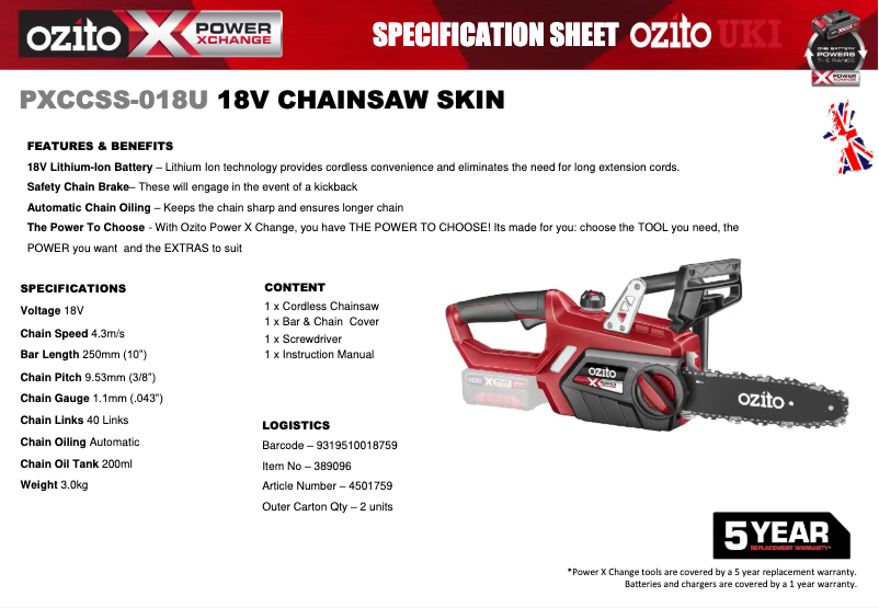 Page 1 de la notice Fiche technique Ozito PXCCSS-018U
