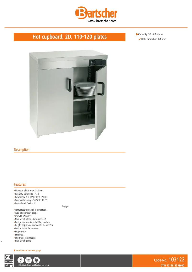 Página 1 del manual Ficha técnica Bartscher 103122