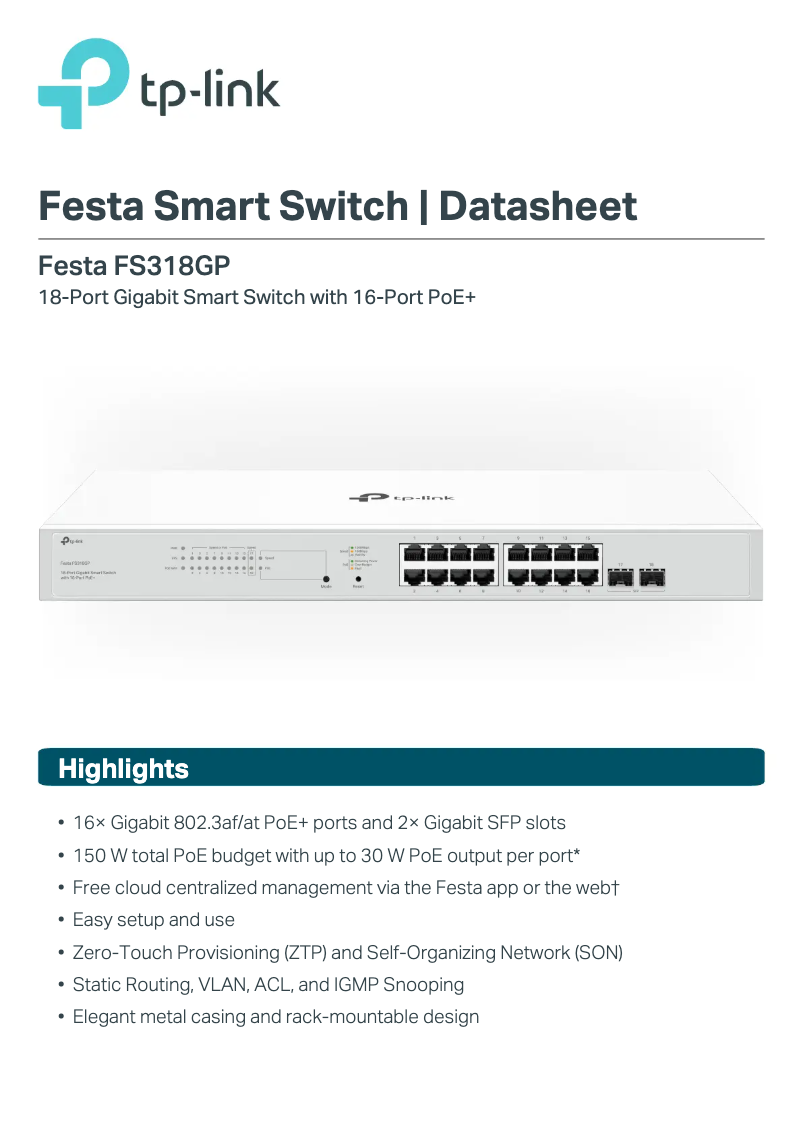 Page 1 de la notice Fiche technique TP-Link Festa FS318GP