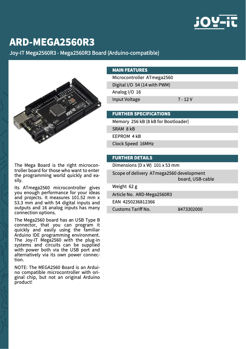 Page n°1 - Fiche technique Joy-It MEGA2560R3