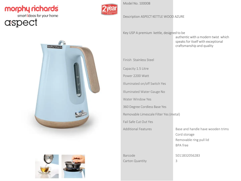 Page 1 de la notice Fiche technique Morphy Richards Aspect 100008