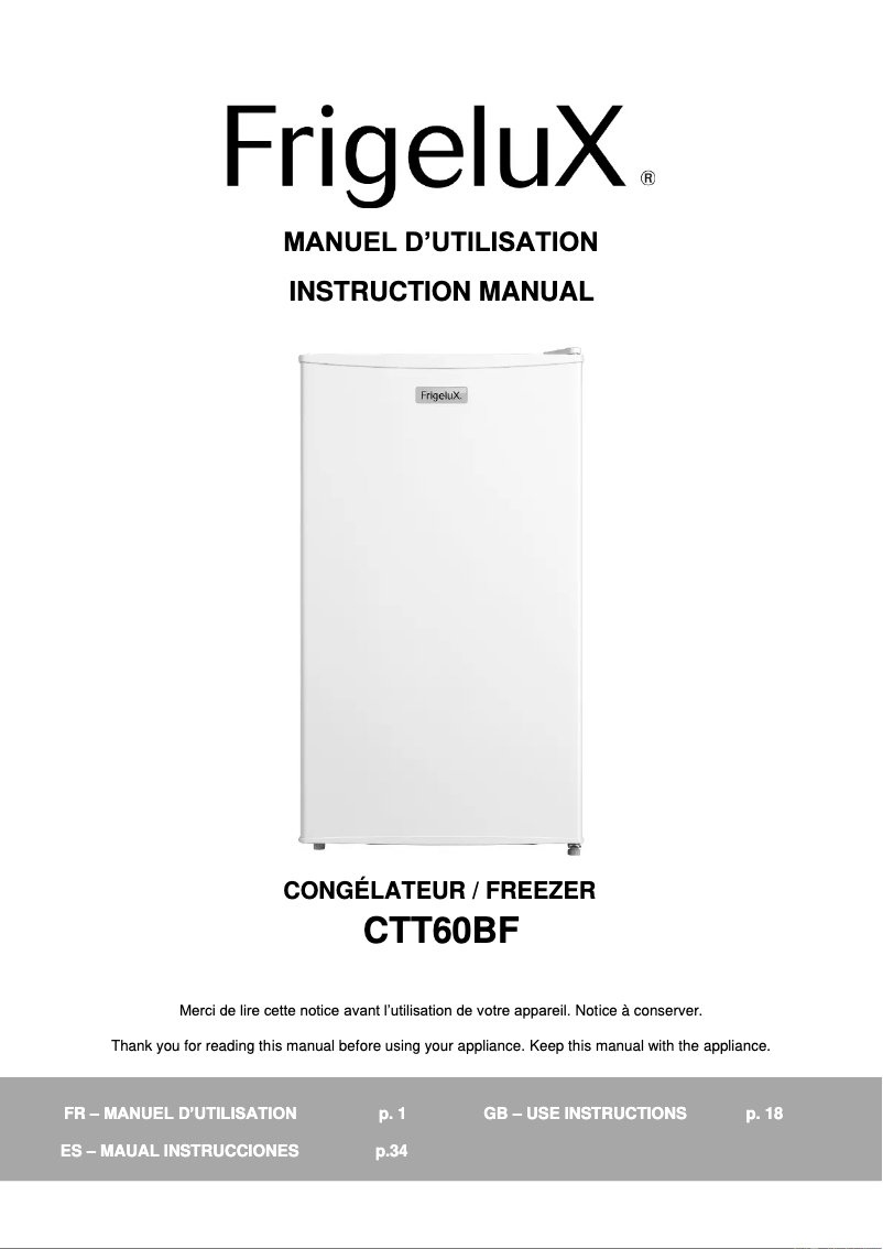 Page n°1 - Manuel utilisateur FrigeluX CTT60BF