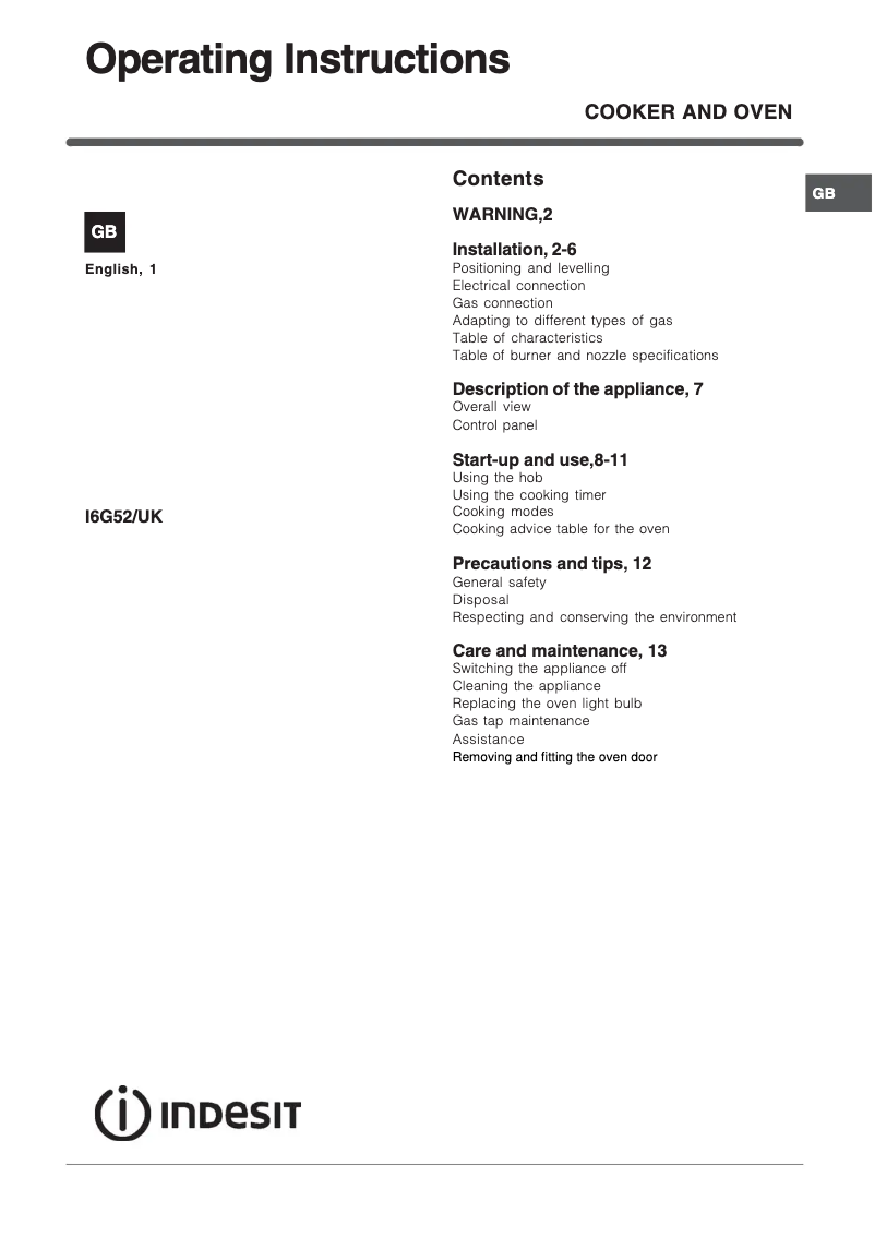 Page n°1 - Instructions / montage Indesit I6G52XUK