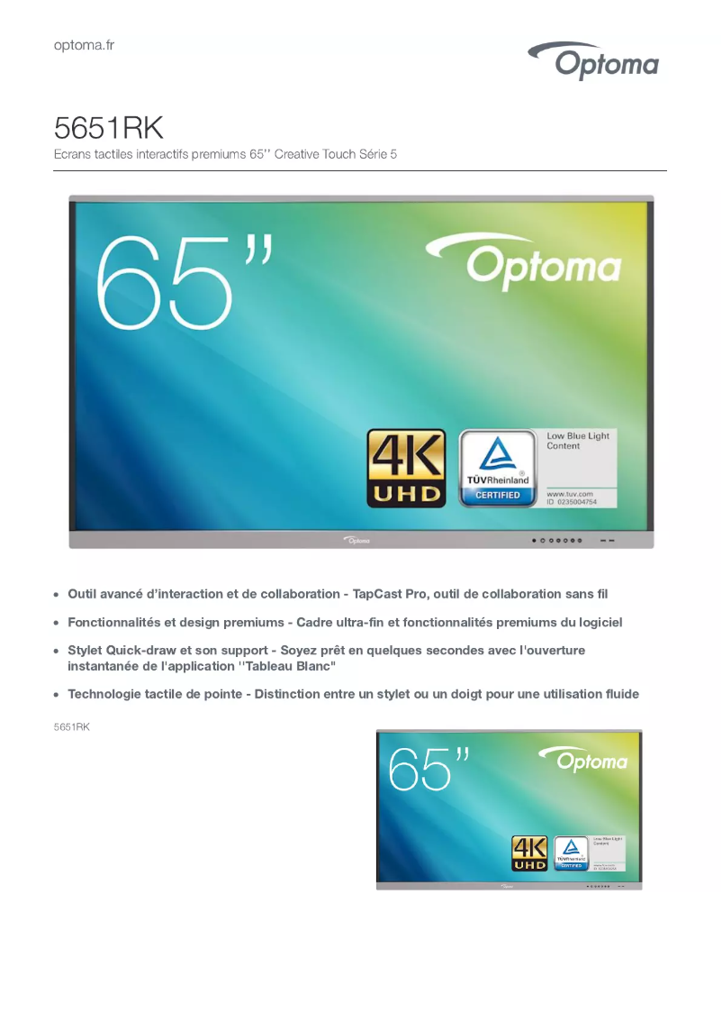 Page 1 de la notice Fiche technique Optoma 5651RK