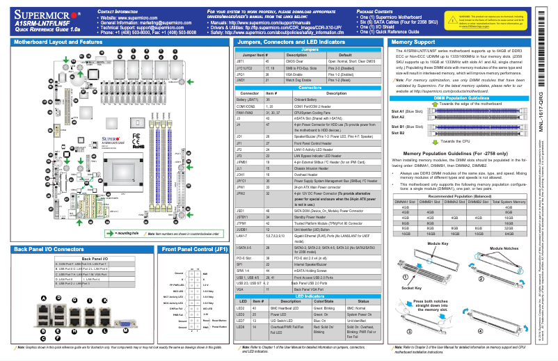 Page 1 de la notice Guide de démarrage rapide Supermicro A1SRM-LN5F-2358