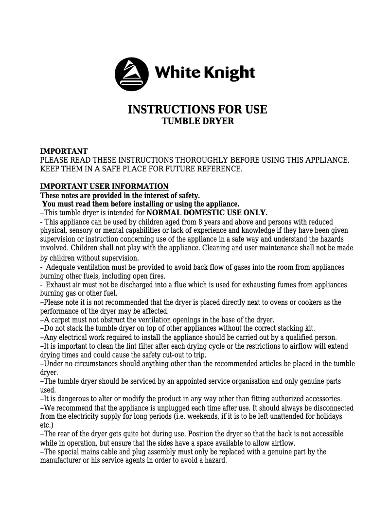 Page n°1 - Manuel utilisateur White Knight C43AW