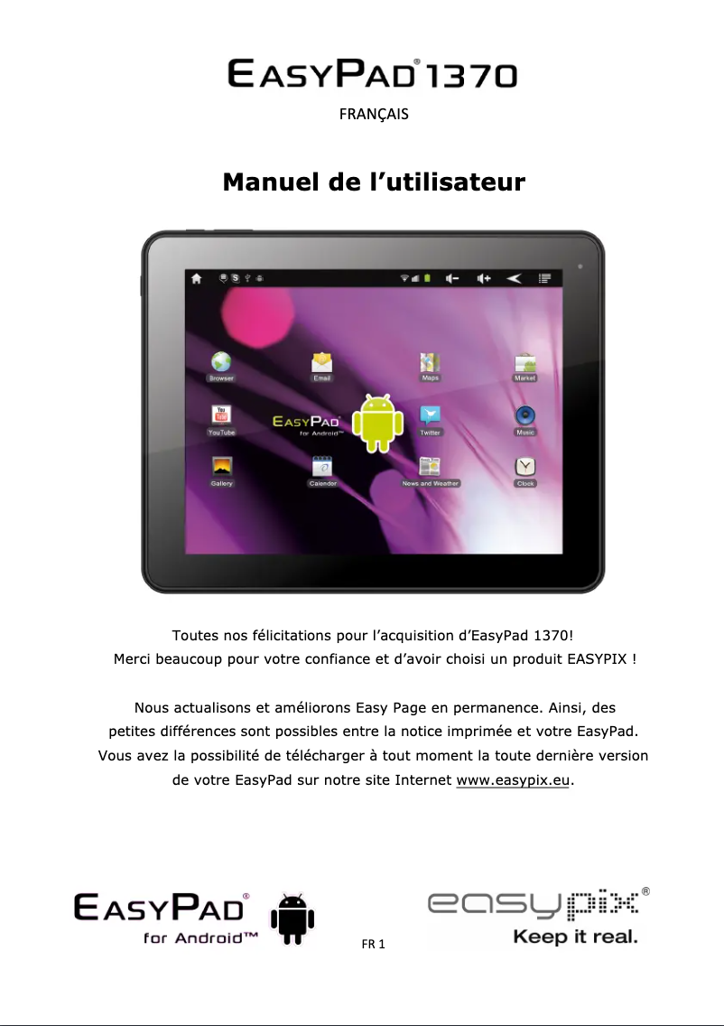 Page 1 de la notice Manuel utilisateur Easypix EasyPad 1370