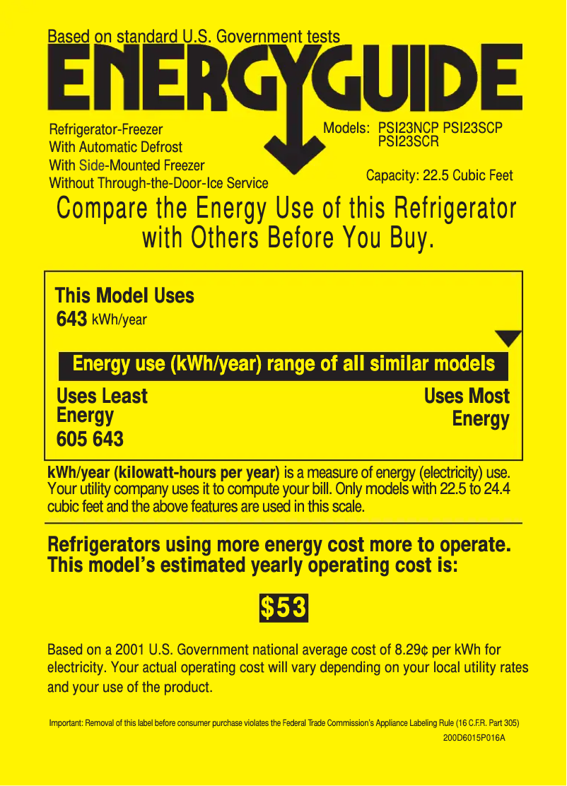 Page 1 de la notice Label énergétique GE Profile CustomStyle PSI23SCPBS