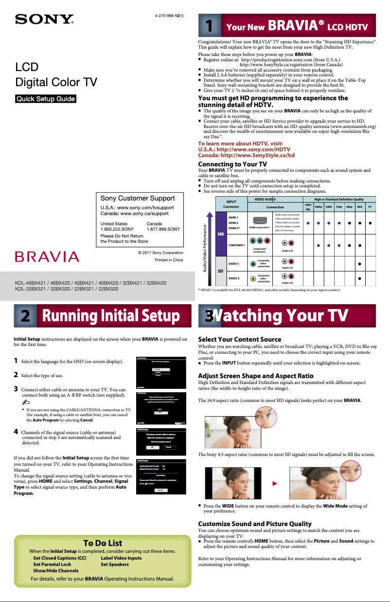 Page n°1 - Guide d'installation Sony Bravia KDL-32BX421