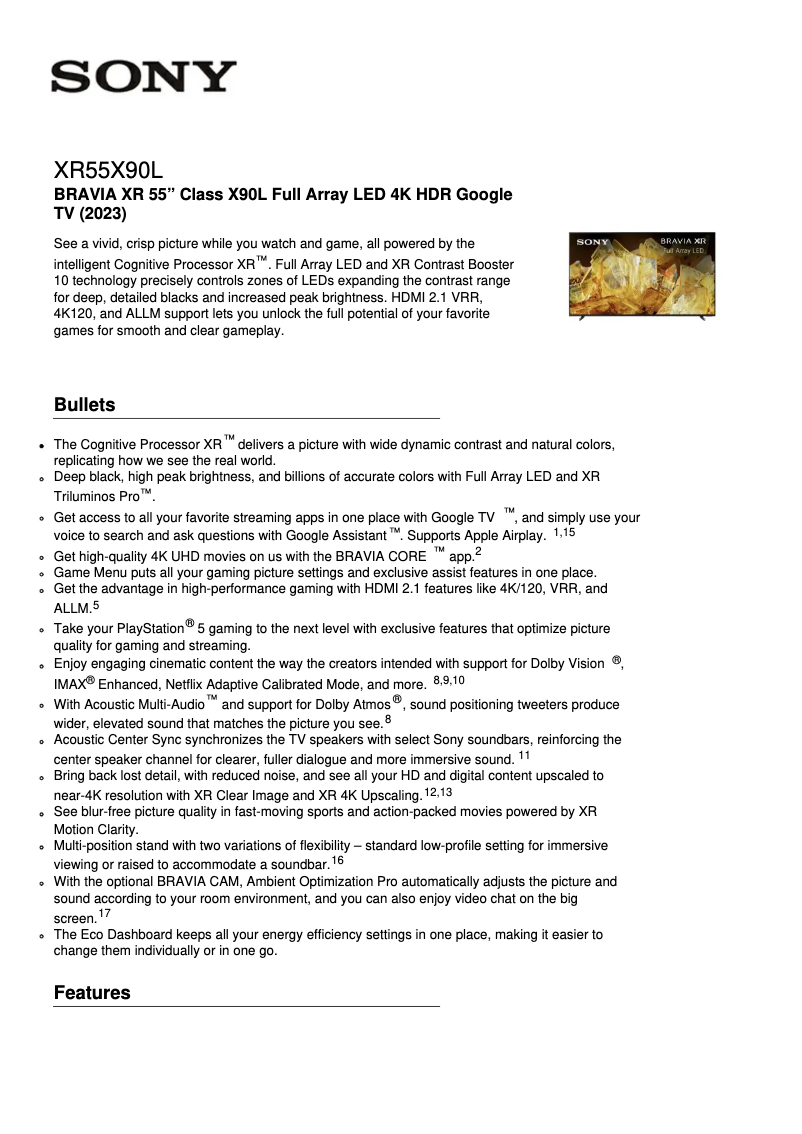 Página 1 del manual Ficha técnica Sony XR-55X90L