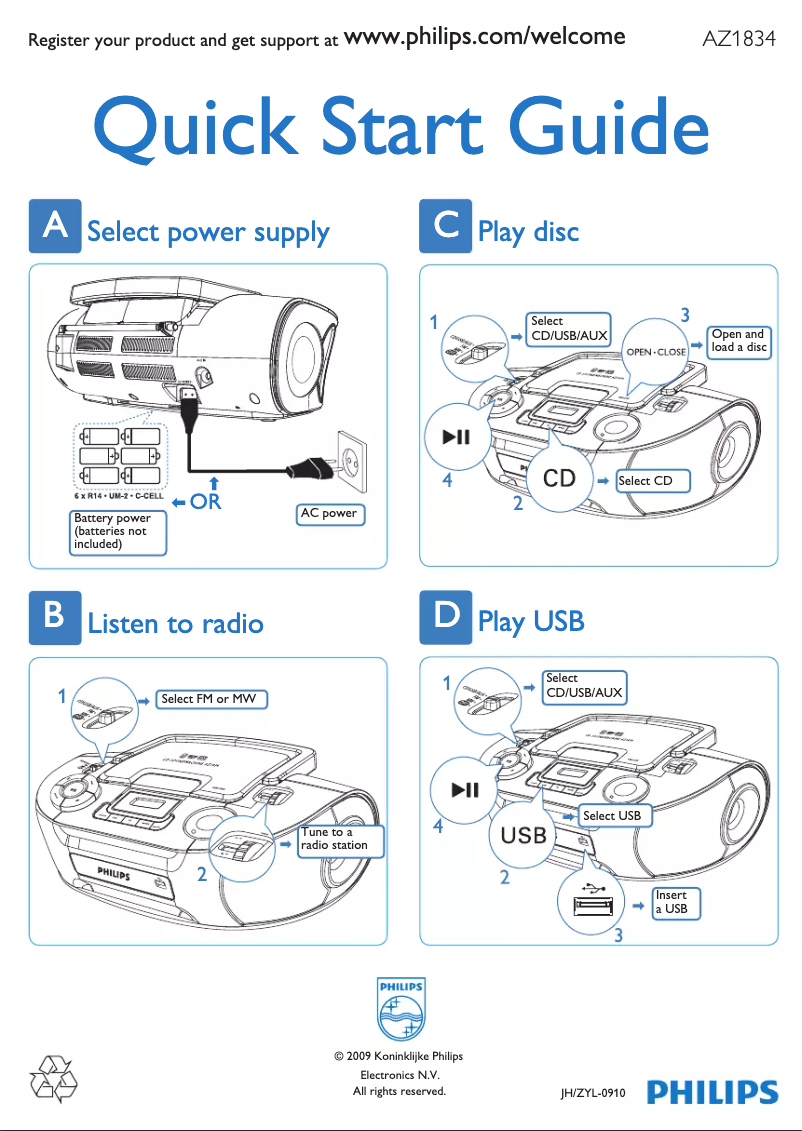 Page n°1 - Guide de démarrage rapide Philips AZ1834