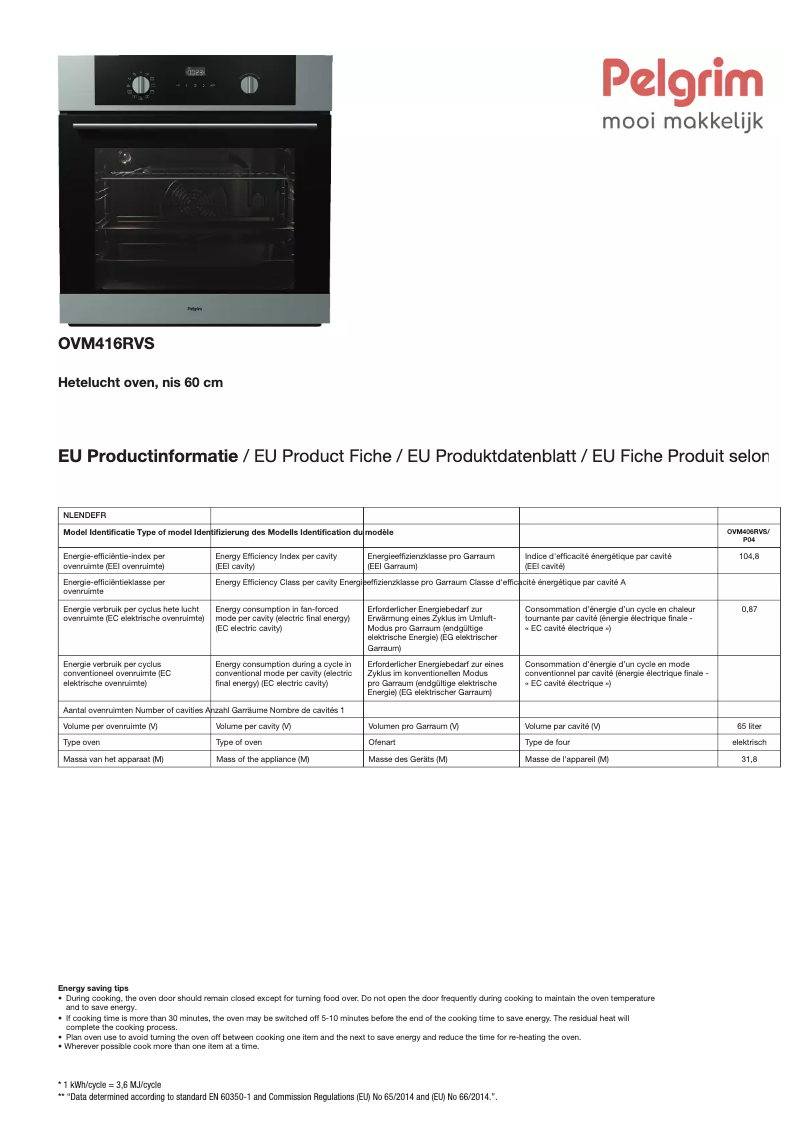 Page 1 de la notice Fiche technique Pelgrim OVM416RVS