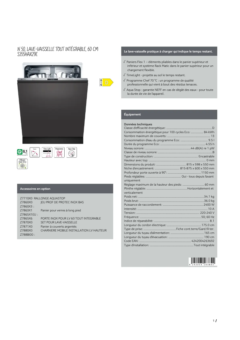 Page n°1 - Fiche technique Neff S355HAX29E