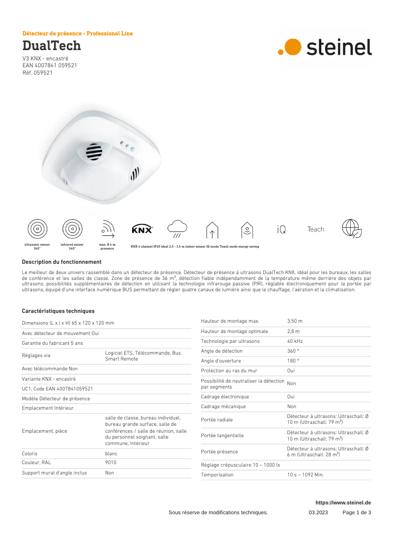 Page 1 de la notice Fiche technique Steinel DualTech KNX