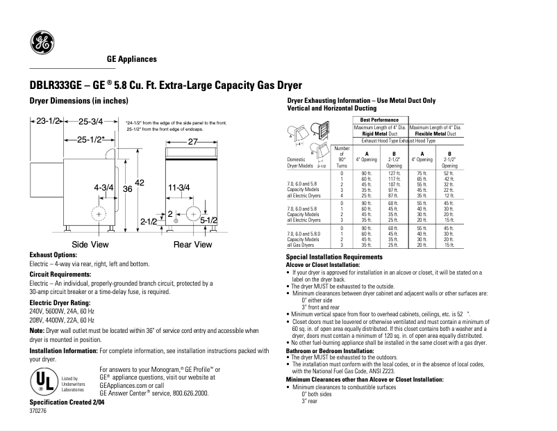 Page n°1 - Fiche technique GE DBLR333CC